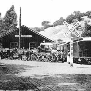 North Western Pacific Train Depot and Railroad Crossing Sign in Cazadero California