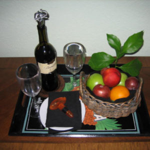 Tray with Fruit Basket & Wine