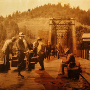 Workers Removing Train Tracks and Convering the Hacienda Bridge into a New Road. Henry Hess house is in the Background, Circa1937